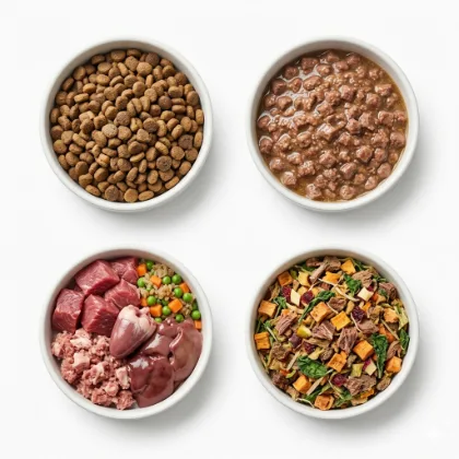 Cuencos con distintos tipos de comida para perro