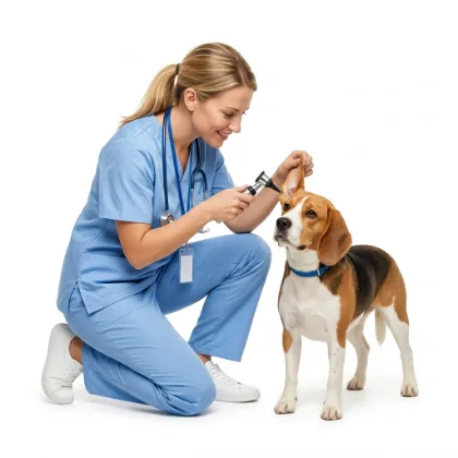 Veterinaria revisando el oído de un beagle
