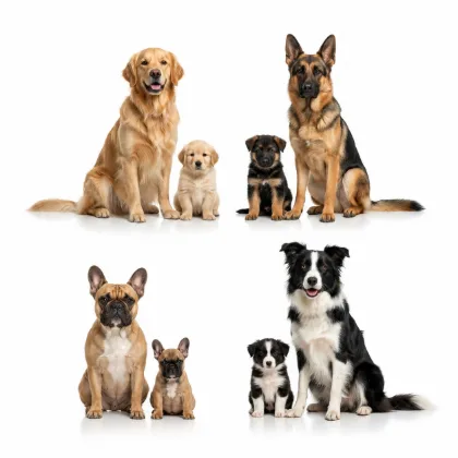 Distintas razas de perros adultos y cachorros