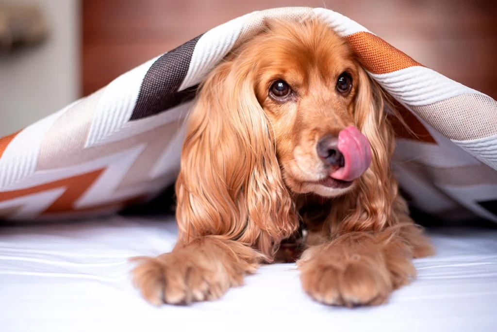 perro enfermo debajo de una manta se relame
